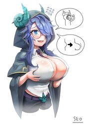  @_@ absurdres artist_name blue_eyes blue_hair blush breasts cleavage commentary_request covered_nipples demon_girl female glasses green_horns guardian_tales hair_over_one_eye hand_on_own_chest highres hood horns huge_breasts korean_commentary mad_scientist mad_scientist_gremory open_clothes open_mouth seo_(tqhgud016) sidelocks smile solo speech_bubble tears white_background 