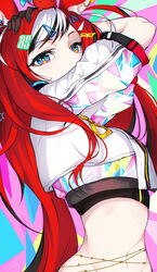  absurdres animal_ear_fluff animal_ears animal_on_head arm_up black_gloves black_hair blue_eyes crop_top cropped_jacket female gloves hair_ornament hakos_baelz hakos_baelz_(casual) hand_on_own_head headphones headphones_around_neck highres hololive hololive_english jacket long_hair looking_at_viewer mouse_ears mouse_girl mouse_on_head multicolored_hair on_head puffy_short_sleeves puffy_sleeves red_hair sak1_01 short_sleeves solo star_(symbol) star_hair_ornament streaked_hair virtual_youtuber white_hair white_jacket 