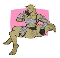  2016 abs adventurer anthro armor athletic barefoot belt belt_buckle bent_legs big_breasts blonde_hair blue_eyes breasts brown_body brown_fur brown_nose buckle claws cleavage clothed clothing crossed_legs cuisse feet female fluffy fluffy_tail fur gloves gnoll hair hand_on_cheek handwear hyena leg_over_thigh looking_at_viewer mammal mane muscular muscular_female navel rerebrace ria_(gnoll) scale_armor smile smirk solo spearfrost tail thick_thighs toe_claws unconvincing_armor 