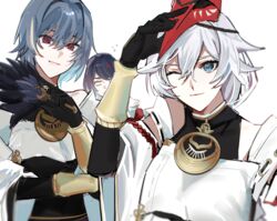  3girls 3o_c anger_vein bare_shoulders black_gloves black_hair blue_eyes company_connection cosplay crossover elbow_gloves genshin_impact gloves grey_hair grin hair_between_eyes highres honkai_(series) honkai_impact_3rd japanese_clothes kallen_kaslana kujou_sara kujou_sara_(cosplay) long_hair looking_at_viewer mihoyo mole mole_under_mouth multiple_girls one_eye_closed open_mouth purple_eyes raven_(honkai_impact) simple_background smile teeth white_background white_hair 