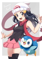  :d beanie black_hair black_shirt black_thighhighs blush bracelet commentary_request dawn_(pokemon) eyelashes female floating_scarf grey_eyes hair_ornament hairclip hat highres jewelry long_hair looking_at_viewer open_mouth pink_skirt piplup pokemon pokemon_(creature) pokemon_dppt poketch ranemu red_scarf scarf shirt sidelocks skirt sleeveless sleeveless_shirt smile teeth thighhighs tongue upper_teeth_only watch white_headwear wristwatch 