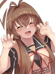  ahoge blush brown_hair claw_pose closed_eyes fangs female hair_between_eyes highres honmakaina_kudou huge_ahoge kantai_collection kuma_(kancolle) kuma_kai_ni_(kancolle) long_hair neck_ribbon open_mouth red_ribbon ribbon sailor_collar short_sleeves sidelocks simple_background solo upper_body white_background 