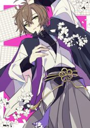  1boy arm_up brown_hair chains commentary flower green_eyes hair_between_eyes hakama hakama_skirt hypnosis_mic japanese_clothes kimono long_sleeves looking_at_viewer male_focus paper parted_lips skirt solo white_kimono yoshiki yumeno_gentaro 