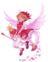  blush_stickers bow brown_hair cardcaptor_sakura female gloves green_eyes hat inzup kero_(cardcaptor_sakura) kinomoto_sakura korean_commentary magical_girl open_mouth red_bow red_footwear red_headwear simple_background tail white_background white_gloves wings 