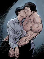  2boys bandages bara batman batman_(series) black_hair black_pants bruce_wayne chest_hair closed_eyes collared_shirt dc_comics dick_grayson facial_hair father_and_son hand_on_another&#039;s_hip inseki kissing large_pectorals male_focus midriff_sarashi multiple_boys muscular muscular_male nakadoori nightwing nipples pants pectorals sarashi shirt short_hair sideburns simple_background topless_male white_shirt yaoi 