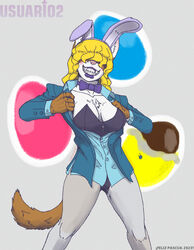  2023 alternate_version_at_source anthro blonde_hair blue_clothing blush bow_(feature) bow_in_front bow_tie breasts brown_body brown_fur bunny_costume button_(fastener) button_pop candy chest_tuft chocolate chocolate_egg clothing costume dessert domestic_cat dress_shirt easter egg emyr_nevraska felid feline felis female food formal_clothing fur hair hair_over_eyes hi_res holidays jacket legwear lips long_hair looking_at_viewer mammal pantyhose purple_clothing purple_lips shirt simple_background smile solo topwear tuft undressing undressing_self usuario2_(artist) wardrobe_malfunction white_body white_clothing white_fur white_legwear white_pantyhose 