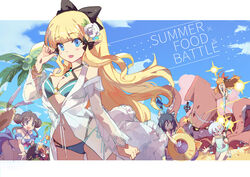  5girls :d :x animal animal_ear_fluff animal_ears aqua_bikini arm_garter arm_up bare_shoulders bikini black_bow black_hair blonde_hair blue_bikini blue_eyes blue_sky blush bow breasts casual_one-piece_swimsuit cat_ears cleavage closed_mouth cloud commentary_request criss-cross_halter cup day double_bun drink drinking_glass drinking_straw dropping elf english_text flower hair_bun hair_flower hair_ornament hair_up hairbow halterneck hand_up hat holding holding_polearm holding_star holding_weapon innertube innertube_with_ears karyl_(princess_connect!) karyl_(summer)_(princess_connect!) kokkoro_(princess_connect!) kokkoro_(summer)_(princess_connect!) layered_bikini long_hair looking_at_viewer medium_breasts multiple_girls navel o-ring o-ring_bikini o-ring_top one-piece_swimsuit open_mouth outdoors palm_tree pecorine_(princess_connect!) pecorine_(summer)_(princess_connect!) photoshop_(medium) pointy_ears polearm princess_connect! rose saren_(princess_connect!) saren_(summer)_(princess_connect!) see-through see-through_sleeves shadowsinking side-tie_bikini_bottom sidelocks sky smile spear spilling squid star_(symbol) straw_hat suzume_(princess_connect!) suzume_(summer)_(princess_connect!) swim_ring swimsuit tray tree unworn_hat unworn_headwear weapon white_bikini white_flower white_rose 