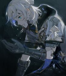  1boy albedo_(genshin_impact) black_background black_gloves blue_eyes carm_(ruoyeahs) cracked_skin dated english_commentary genshin_impact gloves grey_hair highres hood hood_down hooded_jacket jacket male_focus ponytail short_sleeves shorts simple_background solo sparkle tears twitter_username 