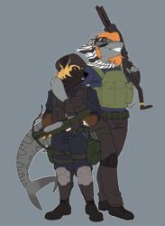  2018 african_wild_dog anthro arm_around_shoulders armor athletic beret big_ears big_tail black_nose blue_byte_(game_developer) body_armor bodypaint boots bottomwear canid canine capitao_(rainbow_six) clothing cosmicminerals cosplay crossbow duo emille_selachi eyewear eyewear_on_head face_paint fari_paredes female fingerless_gloves fish footwear fur fur_pattern fuzzy_tail gloves gun hair handwear hat headgear headwear hi_res holding_object holding_weapon huge_tail hybrid kerchief larger_female male male/female mammal marine military military_uniform multicolored_body multicolored_fur narrowed_eyes orange_eyes orange_hair pants pouches rainbow_six rainbow_six:_siege ranged_weapon shark shemagh shirt shotgun side_cut simple_background size_difference smaller_male sunglasses sunglasses_on_head tail tom_clancy&#039;s_(series) topwear ubisoft uniform valkyrie_(rainbow_six) weapon 