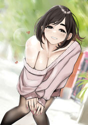  absurdres bare_shoulders black_eyes black_hair black_pantyhose blurry blurry_background blush breasts brown_sweater cleavage collarbone commentary_request day female ganbare_douki-chan hands_on_own_legs heart highres kouhai-chan_(douki-chan) large_breasts leaning_forward long_sleeves looking_at_viewer mole mole_on_breast mole_on_cheek nail_polish no_bra official_art outdoors pantyhose pupi_(rain_prophet) red_nails shiny_skin short_hair sleeves_past_wrists smile solo standing sweater 