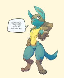  anthro anthrofied arms_bent beckoning breasts brown_eyes diagamon digitigrade english_text extended_arm featureless_breasts featureless_crotch female generation_4_pokemon gesture gloves_(marking) hand_on_hip hand_on_own_hip holding_hips leg_markings looking_at_viewer lucario markings nintendo nude pokemon pokemon_(species) reaching simple_background small_breasts small_waist socks_(marking) solo speech_bubble standing text wide_hips 