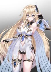  armpits bare_shoulders bianka_durandal_ataegina bianka_durandal_ataegina_(palatinus_equinox) black_gloves black_shorts blonde_hair blue_eyes breasts commentary_request dress female fingerless_gloves gloves gradient_background grey_background hair_between_eyes honkai_(series) honkai_impact_3rd long_hair looking_at_viewer parted_lips short_shorts shorts single_thighhigh solo standing thighhighs tor_ai very_long_hair white_background white_dress white_thighhighs 