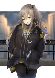  absurdres aratake armband black_jacket black_pantyhose blurry blurry_background blush breasts brown_eyes feet_out_of_frame female girls&#039;_frontline grey_hair grey_skirt hands_in_pockets highres hood hooded_jacket jacket long_hair long_sleeves looking_at_viewer neck_ribbon one_side_up open_mouth pantyhose ribbon scar scar_across_eye shirt simple_background skirt small_breasts solo standing steam_from_mouth ump45_(girls&#039;_frontline) white_shirt yellow_armband 