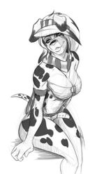  2011 4_fingers anthro armband biped black_and_white bra breasts canid canine canis cleavage clothed clothing dalmatian digital_drawing_(artwork) digital_media_(artwork) domestic_dog female fingers floppy_ears front_view fur hair iris kara_resch long_hair looking_at_viewer mammal markings monochrome pupils scarf short_fur simple_background sitting smile solo spots spotted_body spotted_fur spotted_markings spotted_tail tail tail_markings underwear white-devil white_background 