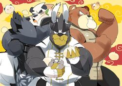  2021 anthro barazoku bear black_body black_fur blush brown_body brown_fur clothed clothing eating food fur generation_2_pokemon generation_6_pokemon generation_8_pokemon group hi_res hyaku_(artist) kemono leaf legendary_pokemon male mammal nintendo pangoro pokemon pokemon_(species) single_strike_style_urshifu ursaring urshifu white_body white_fur 