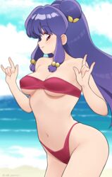  \m/ beach bikini breasts cowboy_shot day double_\m/ double_bun female hair_bun highleg highleg_bikini highres jampen long_hair medium_breasts navel outdoors ranma_1/2 red_bikini shampoo_(ranma_1/2) solo strapless strapless_bikini swimsuit underboob water 