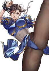  absurdres arm_up blue_dress bracelet breasts brown_eyes brown_hair bun_cover china_dress chinese_clothes chun-li commentary covered_abs double_bun dress earrings english_commentary female hair_bun hanny_(uirusu_chan) highres jewelry large_breasts leotard leotard_peek moire pantyhose pelvic_curtain puffy_short_sleeves puffy_sleeves ribbon short_sleeves simple_background smile solo spiked_bracelet spikes spread_legs street_fighter white_background white_ribbon 