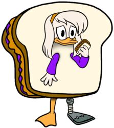  alpha_channel anatid anseriform anthro avian bird clothed clothing costume della_duck disney duck ducktales ducktales_(2017) female food food_costume holding_food holding_object jelly_(food) peanut_butter prosthetic prosthetic_leg prosthetic_limb sandwich_(food) sandwich_costume simple_background solo standing transparent_background vixdojofox 