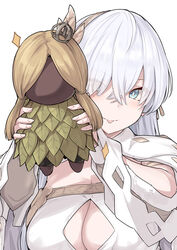  anastasia_(fate) blue_eyes blush breasts cleavage cleavage_cutout cloak clothing_cutout doll fate/grand_order fate_(series) female hair_over_one_eye hairband holding holding_doll large_breasts long_hair looking_at_viewer shiseki_hirame simple_background smile solo tongue tongue_out very_long_hair viy_(fate) white_background white_hair 