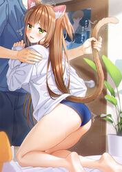  1boy animal_ear_fluff animal_ears ass bare_legs barefoot blue_panties blush brown_hair brown_tail cat_ears cat_tail female from_behind grabbing green_eyes highres indoors kneeling leaning_on_person long_hair mole mole_on_ass oerba_yun_fang open_mouth original panties plant potted_plant shirt shoulder_grab tail tail_grab underwear unjem white_shirt 