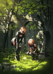  2b_(nier:automata) 2girls absurdres blindfold blonde_hair breasts cleavage cleavage_cutout clothing_cutout covered_eyes dappled_sunlight flower forest hairband high_heels highres mole mole_under_mouth multiple_girls nature nier:automata nier_(series) operator_6o oukayu outdoors ruins scenery short_hair smile squatting standing sunlight thighhighs veil white_hair 