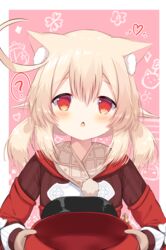  ? absurdres animal_ear_fluff animal_ears blush brown_gloves cabbie_hat cat_ears chestnut_mouth commentary_request dress female genshin_impact gloves hair_between_eyes hat heart highres holding holding_clothes holding_hat kemonomimi_mode klee_(genshin_impact) lolicon long_hair long_sleeves looking_at_viewer low_twintails parted_lips pointy_ears red_dress red_eyes red_hat siera_(sieracitrus) solo spoken_question_mark twintails unworn_hat unworn_headwear upper_body 