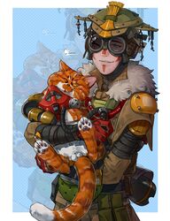  animal animalization animification apex_legends black_sweater bloodhound_(apex_legends) blue_background border brown_jacket brown_pants cable cat_testicles chinese_commentary chongmingggg commentary_request facepaint feline female fur-trimmed_jacket fur_trim fuse_(apex_legends) genderswap_(otf) goggles green_headwear helmet highres holding holding_animal holding_cat jacket mechanical_legs one_eye_covered outside_border pants rebreather rule_63 scar single_mechanical_leg smile solo_focus sweater white_border x_anus zoom_layer 