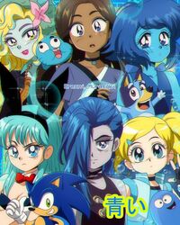  1990s_(style) :o animal_ears aqua_eyes avatar:_the_last_airbender avatar_legends bandit_(bluey) bare_shoulders black_gloves blonde_hair blooregard_q_kazoo blue_eyes blue_hair blue_skin blue_theme bluey breasts brenni_murasaki brown_hair bulma_briefs character_request cleavage closed_mouth colored_skin copyright_request crossover dark-skinned_female dark_skin dot_mouth dragon_ball dragon_ball_(classic) fake_animal_ears fingerless_gloves foster&#039;s_home_for_imaginary_friends gloves green_eyes green_hair grey_skin grin gumball_watterson highres jinx_(league_of_legends) katara lapis_lazuli_(steven_universe) league_of_legends lipstick long_hair looking_at_viewer makeup multicolored_hair multiple_crossover open_mouth playboy_bunny powerpuff_girls_z rabbit_ears retro_artstyle rolling_bubbles smile sonic_(series) sonic_the_hedgehog steven_universe the_amazing_world_of_gumball two-tone_hair 