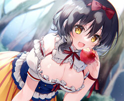  :d apple bare_shoulders black_hair blue_shirt bow bow_hairband breasts cleavage detached_collar female food frilled_shirt_collar frilled_skirt frills fruit hair_between_eyes hairband hairbow holding holding_food holding_fruit leaning_forward looking_at_viewer medium_breasts off_shoulder open_mouth puffy_short_sleeves puffy_sleeves red_bow red_hairband shirt short_hair short_sleeves skirt smile snow_white_(disney) snow_white_and_the_seven_dwarfs solo suimya wavy_hair yellow_skirt 