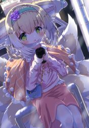  :o alternate_costume animal_ear_fluff animal_ears arknights bag blonde_hair blue_hairband blush braid braided_hair_rings brown_capelet capelet commentary_request cup feet_out_of_frame female flower fox_ears fox_girl fox_tail frilled_capelet frilled_hairband frills hair_between_eyes hair_flower hair_ornament hair_rings hairband highres holding holding_cup kitsune long_sleeves looking_at_viewer mask mask_pull mouth_mask multicolored_hair on_railing outdoors pantyhose parted_lips pink_shirt pink_skirt purple_flower purple_rose railing rose shirt shoulder_bag siera_(sieracitrus) sitting skirt solo surgical_mask suzuran_(arknights) tail twin_braids two-tone_hair white_hair white_pantyhose 