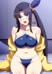  bare_shoulders bikini black_hair blue_bikini blue_eyes blush breasts collarbone fate/grand_order fate_(series) female hair_bun hara_(harayutaka) highres jacket large_breasts long_hair long_sleeves looking_at_viewer navel off_shoulder open_clothes open_jacket open_mouth side_ponytail single_hair_bun single_side_bun sitting smile solo stomach swimsuit thighs ushiwakamaru_(fate) ushiwakamaru_(swimsuit_assassin)_(fate) ushiwakamaru_(swimsuit_assassin)_(first_ascension)_(fate) very_long_hair yellow_jacket 