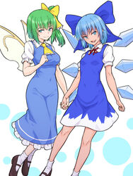  2girls ascot black_footwear blue_bow blue_dress blue_eyes blue_hair bow breasts cirno closed_mouth collared_dress commentary_request daiyousei dotted_background dress fairy_wings frilled_ascot frilled_dress frills green_eyes green_hair hair_ribbon hairbow highres holding_hands ice ice_wings kakone looking_at_viewer medium_breasts medium_hair multiple_girls neck_ribbon open_mouth red_ribbon ribbon short_hair short_sleeves side_ponytail small_breasts smile socks tanned_cirno touhou white_background white_legwear white_sleeves wings yellow_ascot yellow_ribbon yellow_wings 