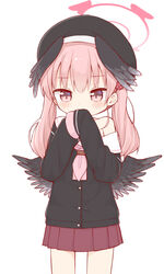  ayanepuna beret black_hat black_jacket black_wings blue_archive blush brown_skirt commentary_request feathered_wings female halo hands_up hat head_wings highres jacket koharu_(blue_archive) long_hair long_sleeves neckerchief off_shoulder pink_eyes pink_hair pink_neckerchief pleated_skirt school_uniform simple_background skirt sleeves_past_fingers sleeves_past_wrists solo standing twintails white_background wings 