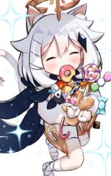  animal_ear_fluff animal_ears bandaged_foot bandaged_leg bandages blush candy candy_wrapper cat_ears cat_girl cat_tail closed_eyes commentary_request dango dress facing_viewer fangs female food food_in_mouth genshin_impact hair_between_eyes halo hugging_object kemonomimi_mode lollipop long_sleeves mouth_hold paimon_(genshin_impact) puffy_long_sleeves puffy_sleeves romper sanshoku_dango siera_(sieracitrus) simple_background sleeves_past_wrists solo sparkle swirl_lollipop tail wagashi white_background white_dress white_hair white_romper 