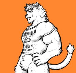  absurd_res anthro bottomless clothed clothing dynogreeno felid feline fur hands_on_hips hi_res male mammal muscular muscular_anthro muscular_male shirt simple_background solo tongue tongue_out topwear 