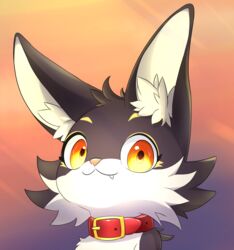  anthro domestic_cat ears_up felid feline felis fur grey_body grey_fur happy hi_res jewelry long_ears male mammal necklace orange_eyes pink_nose red_jewelry red_necklace simple_background solo teeth text white_body white_fur white_inner_ear yakukage yellow_eyes 