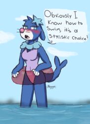  absurd_res anthro blue_body clothing dialogue digital_media_(artwork) embarrassed english_text female floatie generation_7_pokemon hi_res inflatable nintendo notsafeforvee one-piece_swimsuit open_mouth outside pokemon pokemon_(species) popplio simple_background solo speech_bubble swimwear text water 