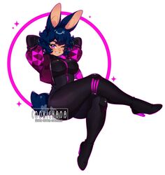  animal_ears arms_behind_head artist_name blue_hair bodysuit breasts commission cookie_hana cropped_jacket crossed_legs deviantart_username female full_body highres jacket large_breasts looking_at_viewer one_eye_closed open_clothes open_jacket original purple_eyes rabbit_ears rabbit_girl rabbit_tail short_hair sitting smirk solo tail teeth twitch_username twitter_username 