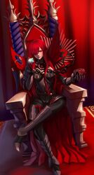  armor black_bodysuit bodysuit cape chains curtains fate/grand_order fate_(series) female glowing glowing_eyes hair_over_one_eye high_collar highres kouichi09 oda_nobunaga_(fate) oda_nobunaga_(maou_avenger)_(fate) red_cape red_eyes saint_quartz_(fate) sitting skull solo throne 