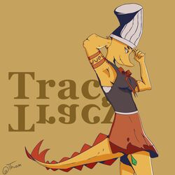  1:1 absurd_res anthro apron arm_tattoo chef_hat clothed clothing cooking_with_tracy female hat headgear headwear hi_res reptile scalie side_view simple_background solo spiked_tail spikes spikes_(anatomy) tail tattoo theumslayer tracy_(cwt) yellow_body 