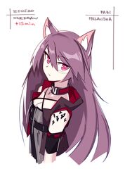  animal_ears arknights bare_shoulders breasts cat_ears choker cleavage commentary criss-cross_halter cropped_torso deel_(rkeg) female hair_between_eyes halterneck highres long_hair looking_at_viewer material_growth melantha_(arknights) one-hour_drawing_challenge oripathy_lesion_(arknights) pink_eyes purple_hair shirt sleeveless sleeveless_shirt small_breasts solo upper_body vest white_background 