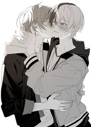  2boys aoyagi_touya blush closed_eyes commentary couple earrings fingernails greyscale hair_between_eyes hand_on_another&#039;s_neck highres hood hood_down hooded_jacket jacket jewelry kissing kissing_cheek long_sleeves male_focus mole mole_under_eye monochrome multicolored_hair multiple_boys open_clothes open_jacket project_sekai samgak shinonome_akito short_hair sleeves_past_elbows smile split-color_hair symbol-only_commentary two-tone_hair upper_body white_background yaoi 