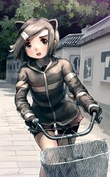  absurdres animal_ears beaver_ears bicycle bike_shorts bike_shorts_under_shorts black_eyes black_gloves commentary day eurasian_beaver_(kemono_friends) extra_ears female gloves grey_hair hair_ornament hairclip highres jacket kemono_friends looking_at_viewer open_mouth outdoors riding riding_bicycle short_hair short_shorts shorts solo swept_bangs thigh_gap welt_(kinsei_koutenkyoku) 