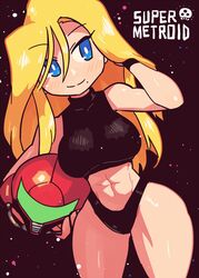  abs assault_visor black_panties blonde_hair blue_eyes blush breasts bright_pupils closed_mouth commentary copyright_name cowboy_shot crop_top female green_visor hair_between_eyes hand_in_own_hair helmet highres holding holding_helmet long_hair metroid midriff mole mole_under_mouth panties rariatto_(ganguri) samus_aran smile solo super_metroid thick_thighs thighs toned underwear unworn_headwear unworn_helmet wristband 