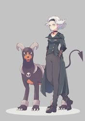  akita_(akita_1113) black_choker black_footwear black_headband black_jacket black_pants boots breasts choker collarbone crossover fangs female glasses grey_background grey_hair hair_behind_ear hands_in_pockets headband highres horns houndoom jacket lobelia_carlini looking_ahead looking_at_viewer medium_breasts open_mouth pants pokemon pokemon_(creature) protected_link red_eyes sakura_taisen sakura_taisen_iii solo_focus tail walking 