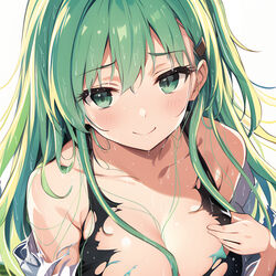  ai-assisted black_skirt blush breasts choppy_bangs cleavage commentary_request female fujitsu_akira green_eyes grey_hair hair_between_breasts hair_between_eyes hair_ornament hairclip kantai_collection large_breasts long_hair looking_at_viewer one-hour_drawing_challenge skirt smile solo suzuya_(kancolle) torn_clothes upper_body 