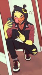  9:16 ambiguous_gender anthro cellphone clothed clothing electronics farigiraf generation_9_pokemon giraffid hi_res kneeling looking_at_viewer mammal mirror mirror_selfie nintendo phone pokemon pokemon_(species) pose sekielmoon selfie solo 