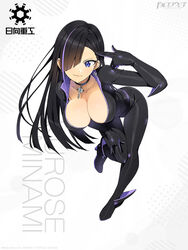  absurdres black_bodysuit black_hair blue_eyes bodysuit breasts character_name choker cleavage closed_mouth collarbone copyright_name dolphin_wave earrings female full_body hair_over_one_eye high_heels highres jewelry kurose_minami large_breasts leaning_forward lips logo long_hair long_sleeves looking_at_viewer multicolored_hair official_art ootomo_takuji purple_hair shiny_skin simple_background skin_tight smile two-tone_hair 