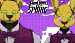  2023 animatronic anthro bear bow_tie clothing cowlick danganronpa digital_media_(artwork) duo femboy five_nights_at_freddy&#039;s fredbear_(fnaf) fur geno28_(artist) green_eyes hair hi_res lagomorph leporid looking_at_viewer machine male mammal rabbit robot scottgames spike_chunsoft spring_bonnie_(fnaf) star_print topwear vest watermark yellow_body yellow_fur 