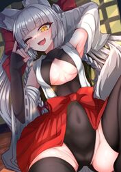  absurdres animal_ear_fluff animal_ears asanagi_(azur_lane) azur_lane black_leotard black_thighhighs bow braid breasts covered_navel detached_sleeves female fox_ears fox_girl fox_shadow_puppet grey_hair hairbow highres leotard long_hair looking_at_viewer lying on_back one_eye_closed open_mouth red_bow showgirl_skirt siota1998 small_breasts smile solo thighhighs twin_braids twintails very_long_hair wide_sleeves yellow_eyes 